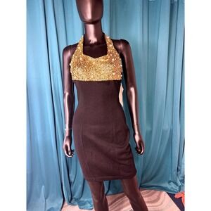 Vintage 1993 Rampage Gold Sequin S Halter Mini Dress Black Wool Blend C-71293